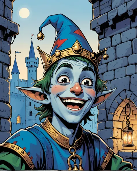 (A 2D European comic book illustration with clearly recognizable lineart of a young jester laughing with wide eyes, in a full zoom close-up. Hes playful, captured in front of a medieval city wall during twilight, with banners hanging in the background. His...