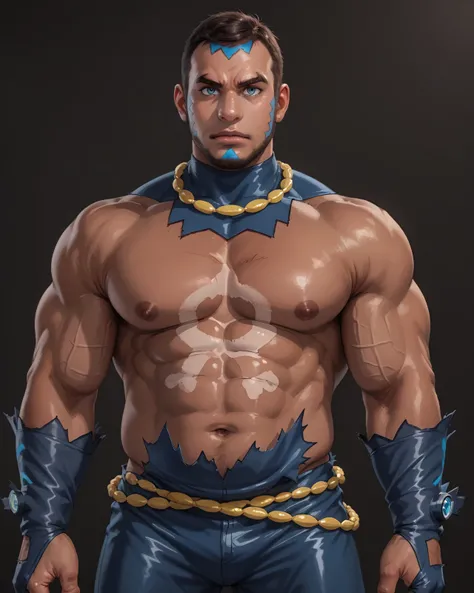 <lora:Matt_Pony_XL:0.95> aqua_admin_matt, short hair, looking at viewer, muscular, bara, dark skin, necklace, face paint, body paint, standing, simple background, torn bodysuit, chubby