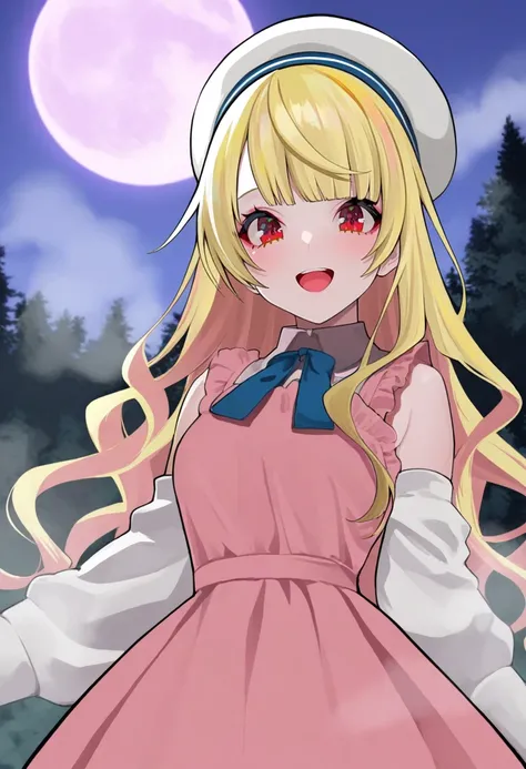 1girl, solo, shigure ui, lam (ramdayo), 
long hair, wavy hair, blonde hair, red eyes, pink dress, detached sleeves, frills, hat, open mouth, smile, 
night, forest, fog, 
best quality, amazing quality, very aesthetic,