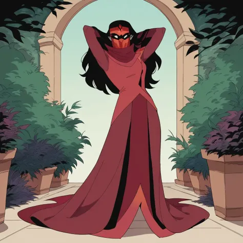 score_9, score_8_up, score_7_up, score_6_up, score_5_up, score_4_up, Shadow Weaver, Shadow weaver dress, shadow weaver mask, hair down, full body, in a garden, sexy pose, hands behind head