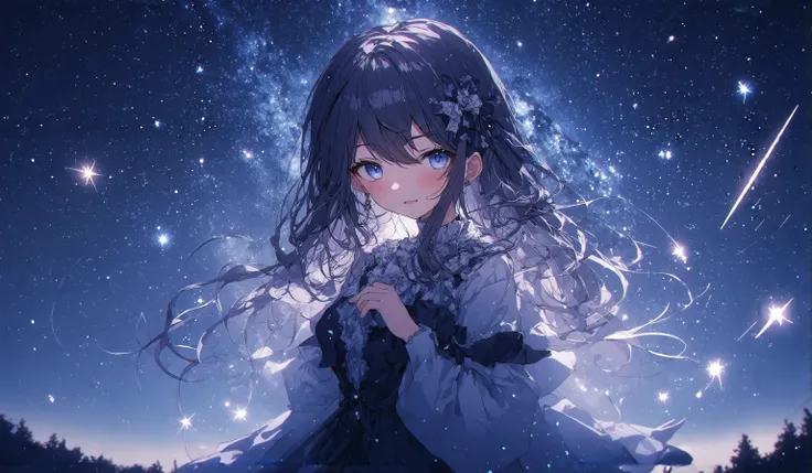 anime girl standing in a breathtaking, starry night sky, surrounded by twinkling stars and distant galaxies. The sky is deep and vast, with stars shining brightly and a faint Milky Way visible across the horizon. The girl has a serene expression, with larg...