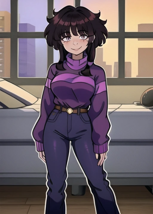 <lora:sarah_henderson:1>sarah_henderson,smile,looking at viewer,solo,1girl,detailed, 4k,purple sweater, jeans, brown waist,black hair