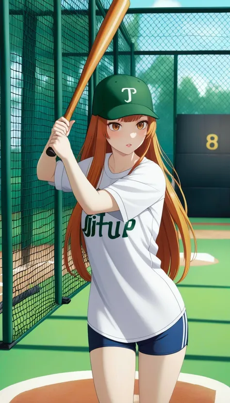 solo
1girl,long hair,straight hair,[ginger:blonde:0.4] hair,brown eyes,blunt bangs,(jitome,tsurime:1.3), small breasts,(oversized baseball shirt:1.4),baseball cap,baseball bat,(white shirt:1.2), shorts,parted lips, skinny, 
batting stance
batting cage,blur...