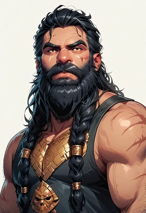 score_9, score_8_up, score_7_up, solo, solo focus, male focus, 1 boy, male, beard, facial hair, braid, braided beard, big beard, epic beard, Dwarf, short stature, big nose, wide shoulders, muscular, black hair, scars, scar, evil villain