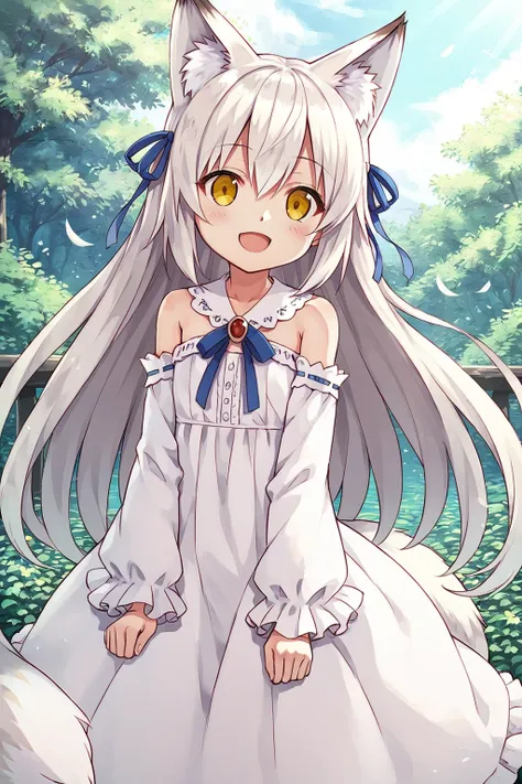 <lora:CURA_pony_V3:0.6>,score_9,score_8,1girl,Atra,1girl,yellow eyes,long hair,animal ears,open mouth,ribbon,hair ribbon,white hair,hair between eyes,smile,dress,fox ears,tail,blue ribbon,white dress,feathers,very long hair,:d,long sleeves,child,