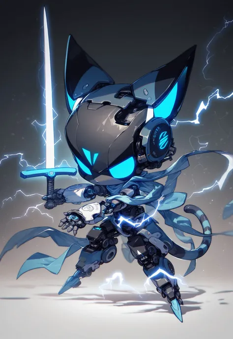 PonyXLV6_Scores BREAK 3rthch1b1, weapon, sword, holding, holding weapon, solo, holding sword, electricity, glowing, chibi, tail, robot, blue eyes, no humans, animal ears, furry, 1boy