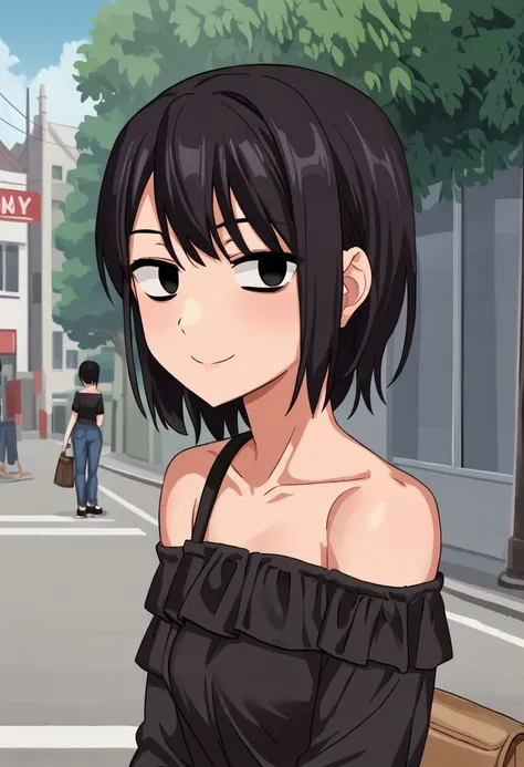 score_9, score_8_up, score_7_up, best quality, masterpiece, anime screencap, anime coloring, 1girl, solo, looking at viewer, upper body BREAK seno shior, short hair, black hair, black eyes, 1girl, shirt, off-shoulder shirt, bare shoulders, off shoulder, ba...