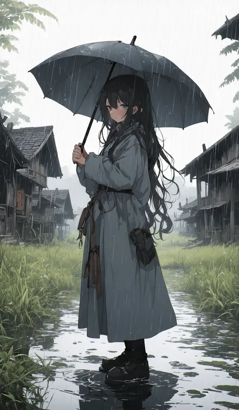 anime girl with long black hair stands in the countryside, holding an umbrella as heavy rain pours down around her. She is wearing a simple rural outfit, with the backdrop showing traditional wooden houses and fields fading into the mist. The rain creates ...