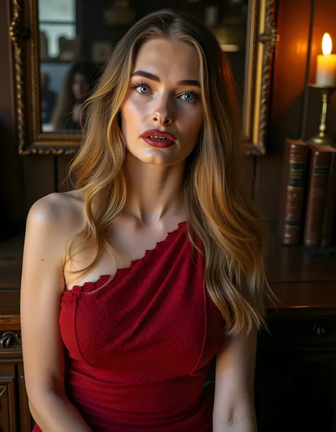 M14L, In a dimly lit, Victorian-era study, a captivating woman with cascading blonde curls and piercing blue eyes gazes intently at the viewer, her full red lips parted slightly to reveal a single silver tooth studded with a ruby, framed against a backdrop...