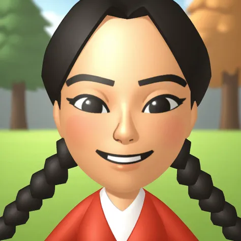 score_9, score_8, BREAK, solo, wii, mii, wii sports, 1girl, female mii, black eyes, black hair, twin braids, black eyebrows, blush, red clothing, black pants, shoes, nintendo mii, modern_mii, classic_mii, breasts, xiao_tong_(wii_sports), cute, sexy pose, s...