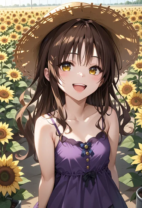 anime girl in a purple dress and straw hat standing in a field of sunflowers