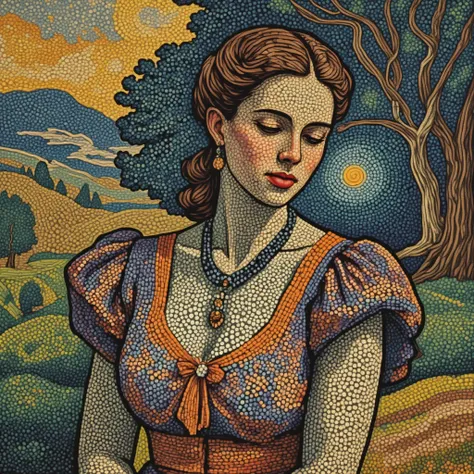 Pointillism mode, rich and muted color palette, meticulous dot technique, era 1890s Post-Impressionism, classic portrait, solo figure, contemplative style, Rating SFW, {woman}, pointillist technique creates textured surface and vibrant depth, enhancing moo...