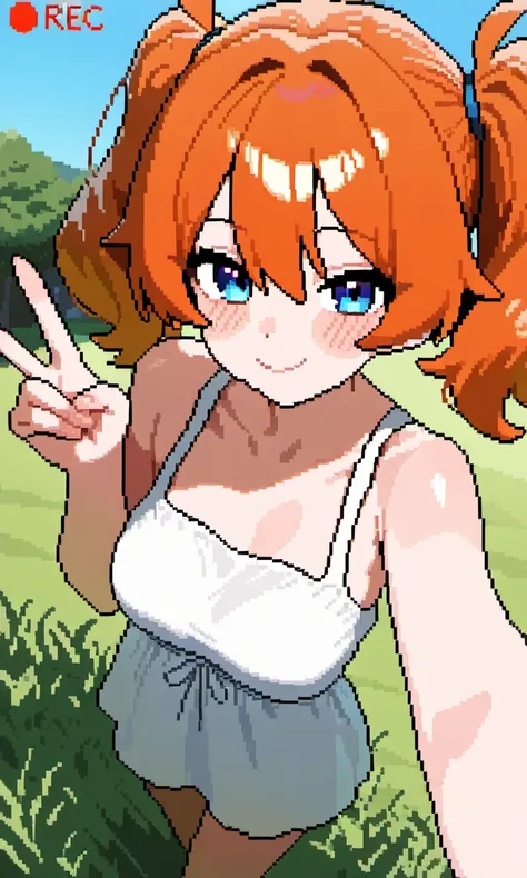 masterpiece, best quality, high resolution, absurdres, 1girl, Pixel_Art, white_blouse, bare_shoulders, orange_hair, twintails, medium_hair, blue_eyes, selfie, ((recording)), looking_at_viewer, smile, closed_mouth, happy, grass, sky, outdoors, from_above, m...