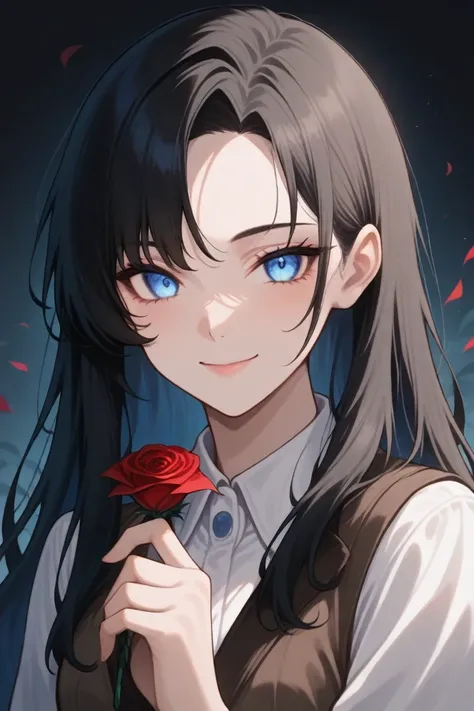 1girl, solo, dark hair, long hair, looking at viewer, smile, holding rose, blue eyes, white collared shirt, brown vest, upper body, masterpiece, best quality, very aesthetic, absurdres