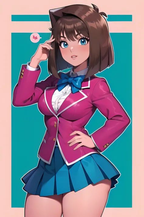 masterpiece, high quality, Cartoony, aamazaki, (antenna hair:1.2), medium breasts, blue bowtie, pink jacket, blazer, long sleeves, blue skirt, pleated skirt, pose, standing, thighs