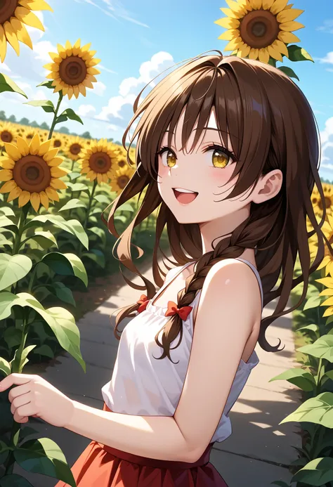 anime girl in a field of sunflowers with a blue sky in the background