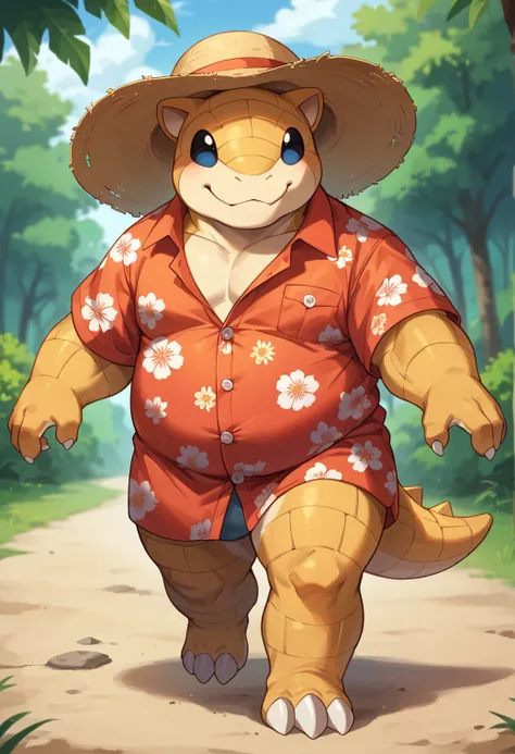 score_9, score_8_up, score_7_up, score_6_up, source_furry, dof, full-length portrait, solo, blurred background, male, <lora:POKEMON_SANDSHREW:0.7> sandshrew, pokemon (creature), anthro, short, chubby,  sfw, wearing a sun hat, wearing vibrant Hawaiian shirt...