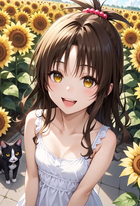 anime girl with brown hair and yellow eyes standing in a field of sunflowers