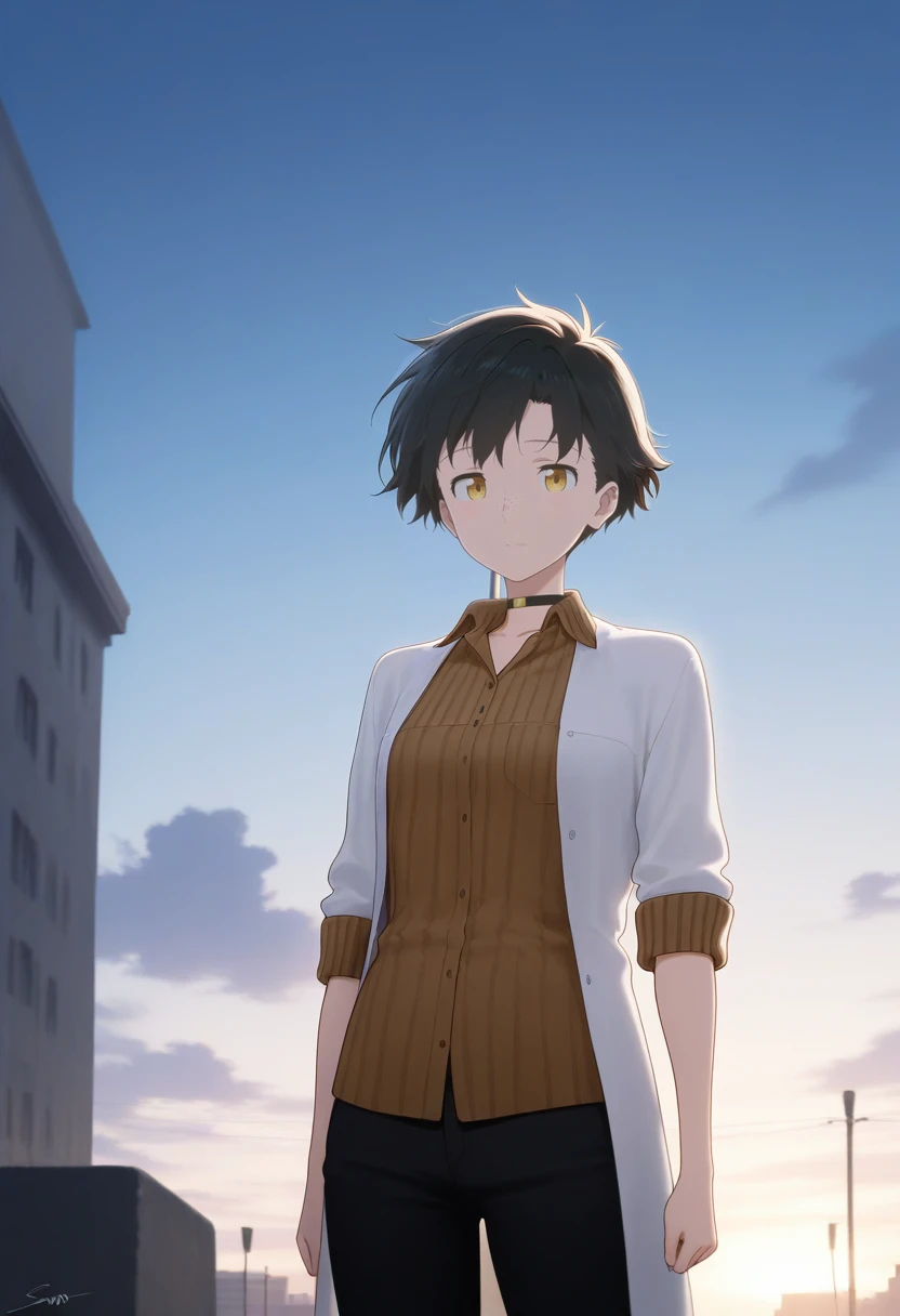 1girl, sahara miyoko, black hair, looking at viewer, shirt, short hair, (freckles, :1.2), tomboy, small breasts, <lora:sahara_miyoko-05:1>, white coat, brown shirt, collared shirt, vertical-striped shirt, sleeve rolled up, black pants, looking at viewer, s...