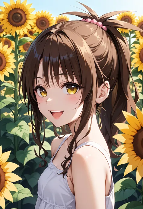 anime girl in a field of sunflowers with a ponytail