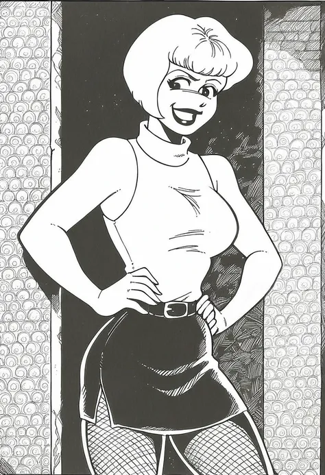 score_9_up, score_8_up, score_7_up, score_6_up, score_5_up, 1girl, solo, Dixie_C, short hair, large breasts, sleeveless turtleneck, skirt, fishnets, standing proudly, hands on hips, smile, lipstick, (in a suburban home) monochrome, retro artstyle, traditio...