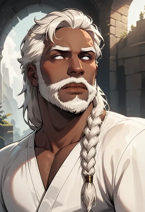 score_9, score_8_up, score_7_up, solo, solo focus, male focus, 1 boy, dark skin, dark-skinned male, white hair, beard, facial hair, braid, braided beard, big beard, epic beard, white robe, blind, blind eyes, white eyes,