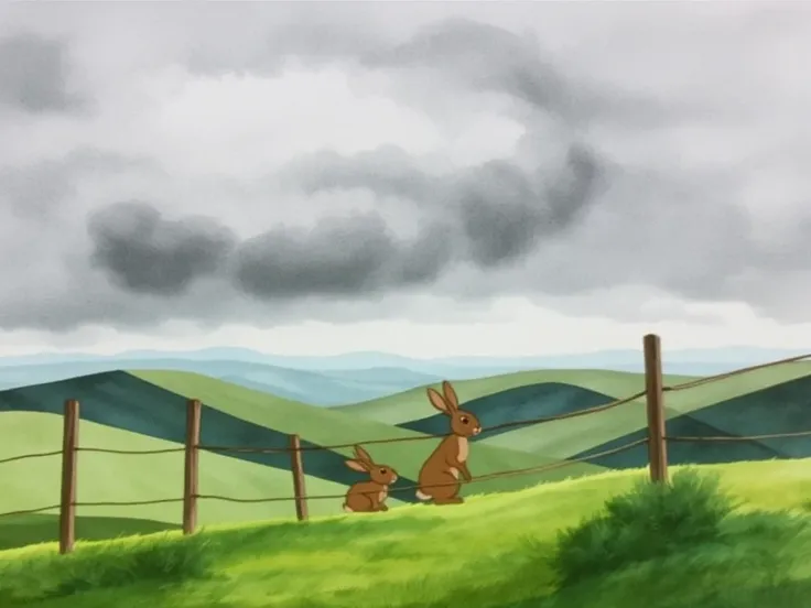 watercolor painting, classic 2d illustration of hills with rabbits, a fence with wooden poles, rabbit story, realistic animal illustration

(cartoon bunny standing in the forest, dark evening lighting, gorgeous farmer land, a tree:0.6)

dark heavy clouds, ...