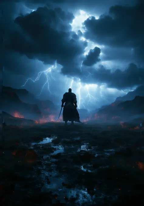 midjourney,A lone warrior stands on a rugged battlefield as a storm rages overhead. Dark clouds gather, pierced occasionally by flashes of lightning that cast dramatic shadows over the landscape. The warriors silhouette is strong and resolute, facing the o...