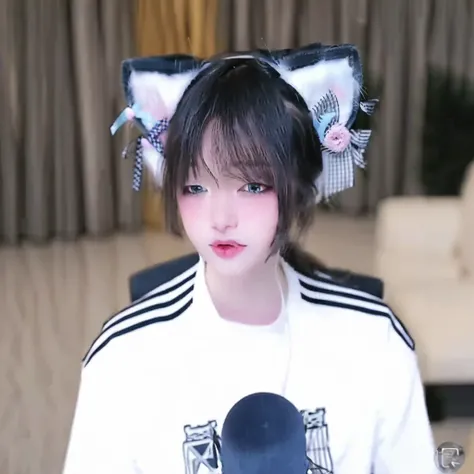 shirt, cat ears, solo, white shirt, microphone, animal ears, upper body, long hair, bangs, 1girl