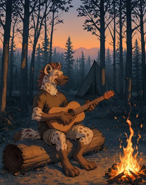 masterpiece, best quality, dangpa, tarran fiddler, 

anthro, male, hyena, campfire, tent, guitar, embers, windy, forest, evening, golden hour, logs, sitting on log, happy, cheerful, (fully clothed:1.2), shorts, shirt, solo, wilderness