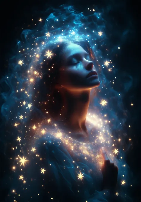 auralora, A mystical woman surrounded by a celestial, glowing aura, with small starlike lights softly pulsing around her. Her aura emits a gentle, ethereal light, casting a soft glow onto her serene expression. The dark background enhances the cosmic, othe...