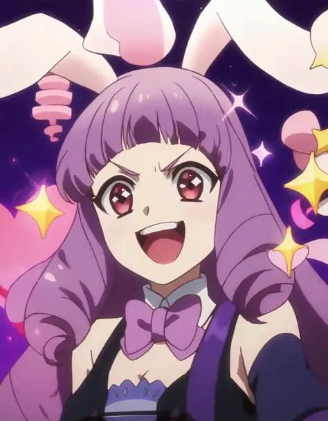 retoree, score_9, score_8_up, score_7_up, score_6_up, score_5_up, score_4_up, source_anime,  1girl, solo, smile, open mouth, shirt, :d, heart, v-shaped eyebrows, sparkle, parody, pink bow, purple background  <lora:retoree_show_by_rock_chu_chu_pxl:1>