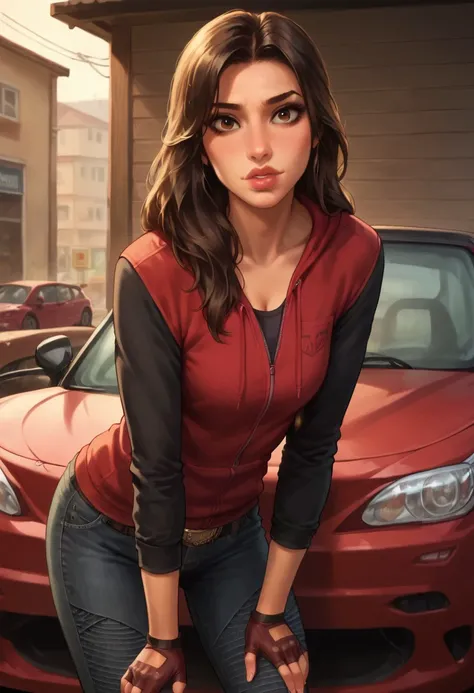 Score_9_up, score_8_up, score_7_up, source_realistic, BREAK 1girl, solo, Shanklady, brown hair, long hair, tan skin, makeup, lips, hoodie, black sleeves, Hood down, fingerless gloves, belt buckle, denim pants, standing, bent over, arm support, car, garage,