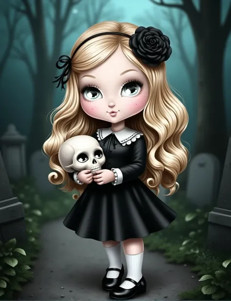 a wide angle shot of Jolie, a gothic little girl with soft, round features and large, expressive, light green eyes. Her long, wavy blonde hair flows gently past her shoulders, adorned with a black flower on one side. She wears a sexy leather clothes. She i...