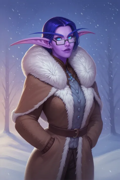 score_9, score_8_up, score_7_up,
best aesthetic, High-Res, Masterpiece, High Quality,
1girl, pointy ears, colored skin, glasses, blue eyes, purple skin, night elf, cowboy shot, fur trim, freezes from the cold, looking at viewer, 
winter background, snowy, ...