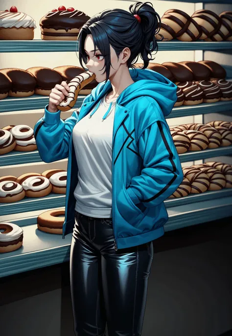 PonyXLV6_Scores BREAK prcl3nm1x,(animated Elezen:1.3), (red and black hair:1.2), (neon hooded jacket:1.3), (white shirt:1.1), (leather pants:1.2), (eating a pretzel:1.3), (bakery setting:1.5), (Eorzea:1.4), (dynamic pose:1.2), (vibrant colors:1.2), (clean ...