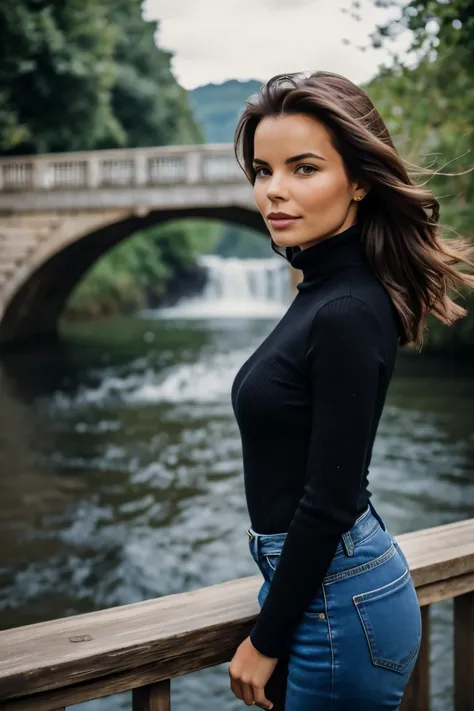 RAW photo of N4t4l13C0st3ll0_HM-143, a woman, perfect_hair, (modern_photo), wearing black jeans and turtleneck, 35mm standard (analog, cinematic, (film_grain:1.3)), Floating Sky Islands, Landscape with floating islands, interconnecting bridges, and cascadi...