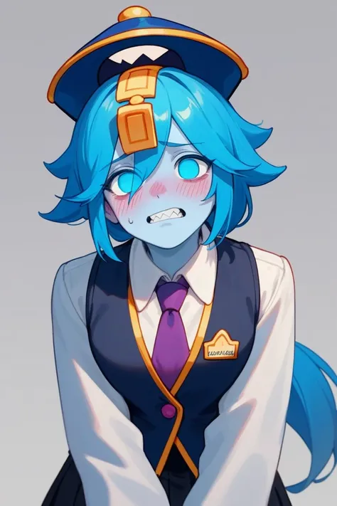 Score_9, Score_8_up, Score_7_up ,  ccolette , 1girl,blue skin, blue hair, long hair, low ponytail, no pupils, hat, white shirt, Black vest , tie, black skirt , blush , nervous , looking_at_viewer , pointed_teeth