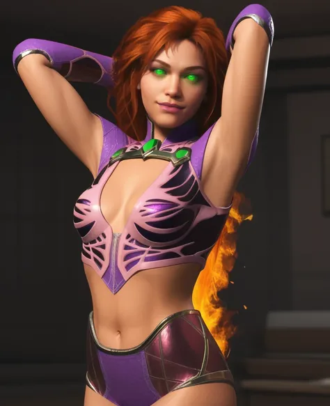 score_9, score_8_up, score_7_up, score_6_up, score_5_up, score_4_up,  living room, realistic,  3d, <lora:Starfire_Injustice_2-000006:0.9> , starf2, 1girl, long hair, gloves, cleavage, green eyes, midriff, fingerless gloves, glowing eyes, boots, crop top, l...