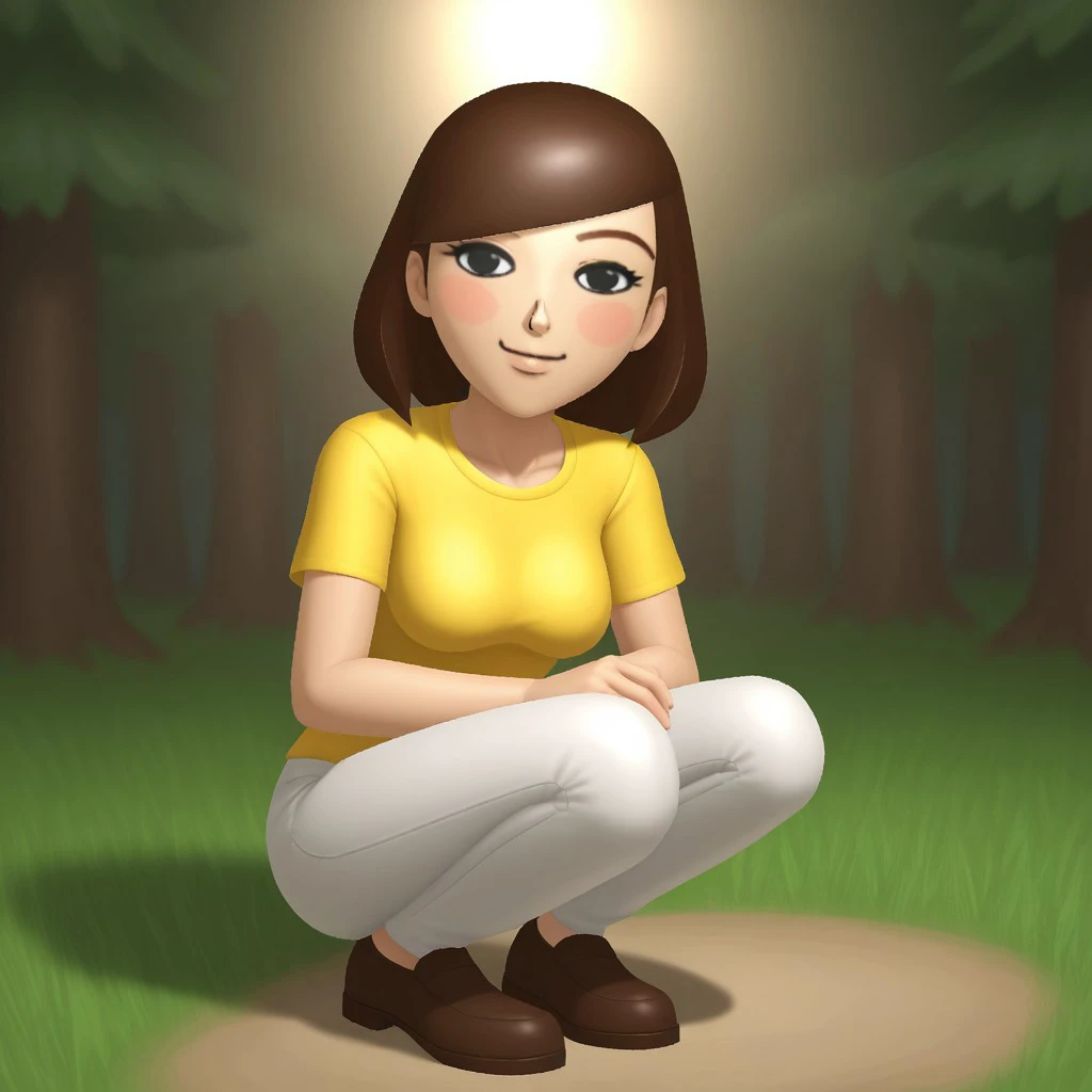 score_9, score_8, BREAK, solo, wii, mii, wii sports, 1girl, female mii, black eyes, brown hair, brown eyebrows, blush, yellow clothing, white pants, shoes, nintendo mii, modern_mii, classic_mii, breasts, Mizuho_(Wii_Sports), cute, sexy pose, smile, outdoor...