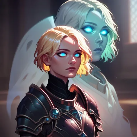 (((beautiful, detailed, high quality))), upper body, solo, echokn, ghostly twin, shadow with glowing eyes, 1 girl, armor, blue eyes, blonde hair, short hair, black echokn, blurred background,