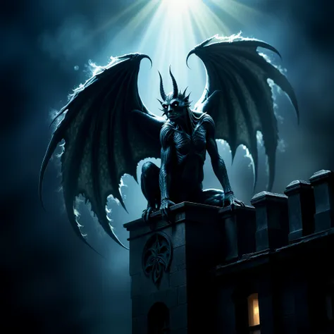 A winged gargoyle perched high on a building parapet, shrouded in dark light, shimmering, a spectacle of evil. 

fntsylghtshwCE_style