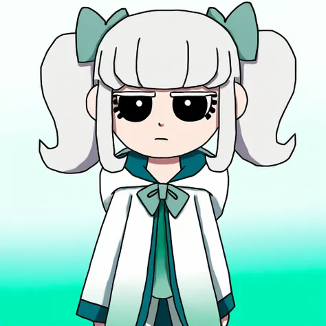 <lora:Great_Sage_Outfit:1> gsagerobe, white hooded robe with green gradient and green trim
 <lora:Sue:1> sueunderf1ty, 1girl, solo, twintails, white hair, bow, bangs, black eyes