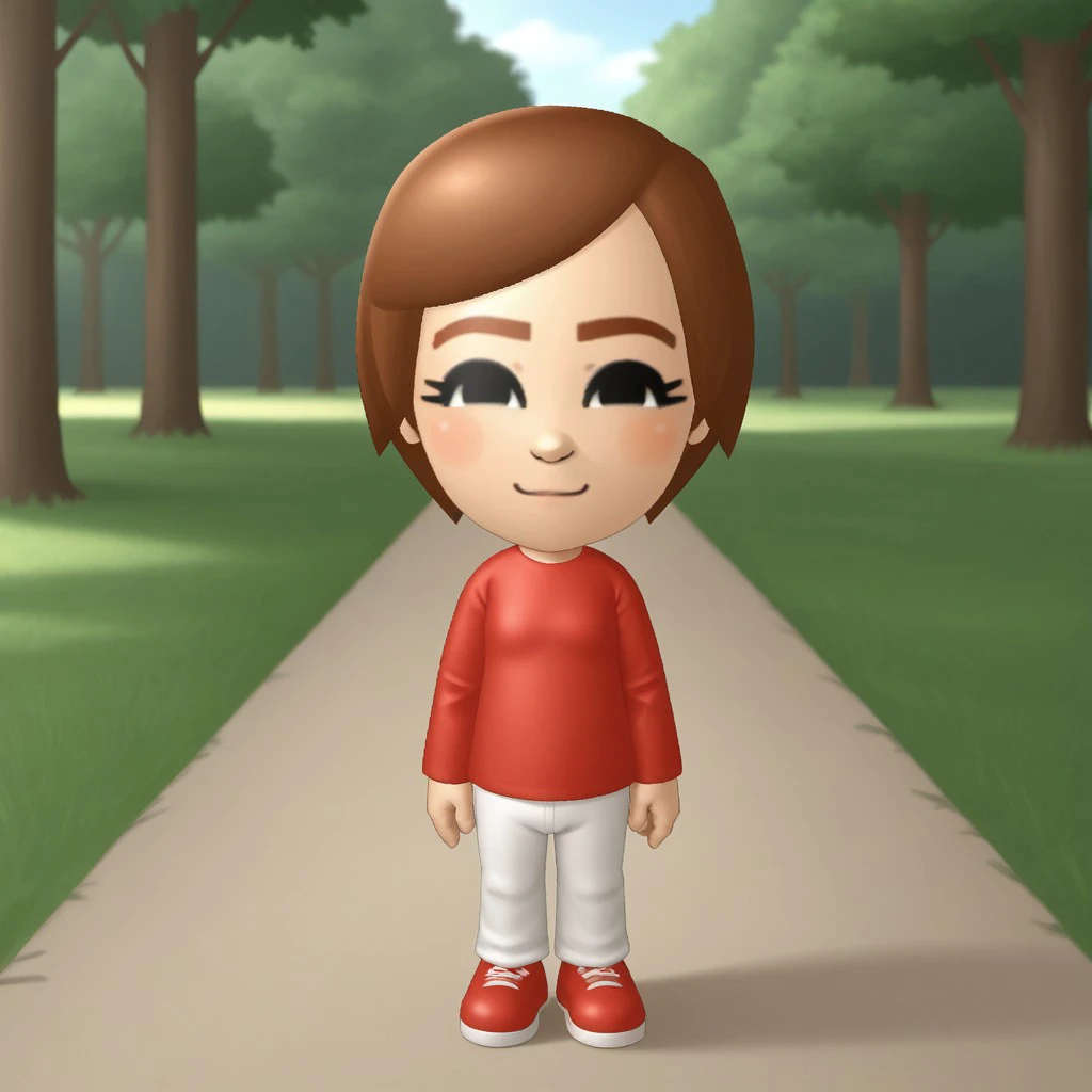 score_9, score_8, BREAK, solo, mii, wii, wii sports, 1girl, female mii, cute, auburn hair, auburn eyebrows, black eyes, blush, red clothing, white pants, shoes, small breasts, Susie_(Wii_Sports), Nintendo Mii, modern_mii, classic_mii, sexy pose, smile, out...