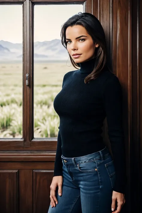 RAW photo of N4t4l13C0st3ll0_HM-143, a woman, perfect_hair, (modern_photo), wearing black jeans and turtleneck, 28mm short_telephoto (analog, cinematic, (film_grain:1.3)), Martian Weather Station, Outpost studying Martian atmosphere, weather patterns, and ...