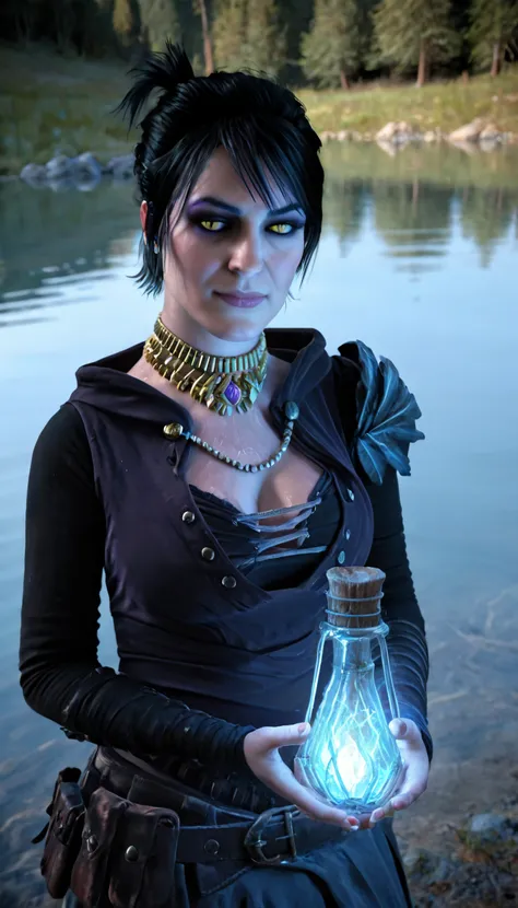 PHOTO, (((MorriganDA))), ((yellow eyes)), black hair, short ponytail, black outfit with feathered shoulder, holding water in hand, holding glowing water, mature, angry, purple eye shadow golden necklace with blue gem, fantasy time period, dusk, medieval ma...