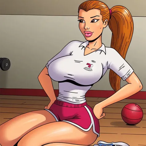 solo, 1girl, sneakers, hands on hips, orange hair, long hair, thighs, ponytail, taut shirt, lips, brown hair, shorts, gym, sitting,