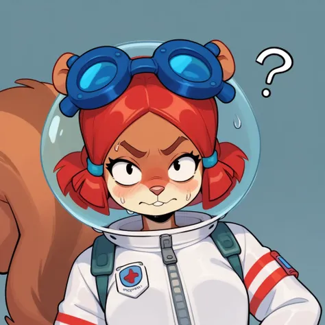 Score_9, Score_8_up, Score_7_up ,, sdjs , 1 girl , furry , Squirrel Girl , Red Hair, Short Hair, Glass Helmet, Goggles on Headwear , white jumpsuit, , blush , confused ,looking_at_viewer ,sweating , solo , smile