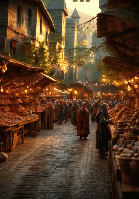 midjourney,A vibrant medieval market comes alive at sunrise, with townspeople and merchants filling the cobblestone streets. The warm golden light illuminates the rustic wooden stalls, the earthy tones of handmade goods, and the lively crowd. The scene cap...