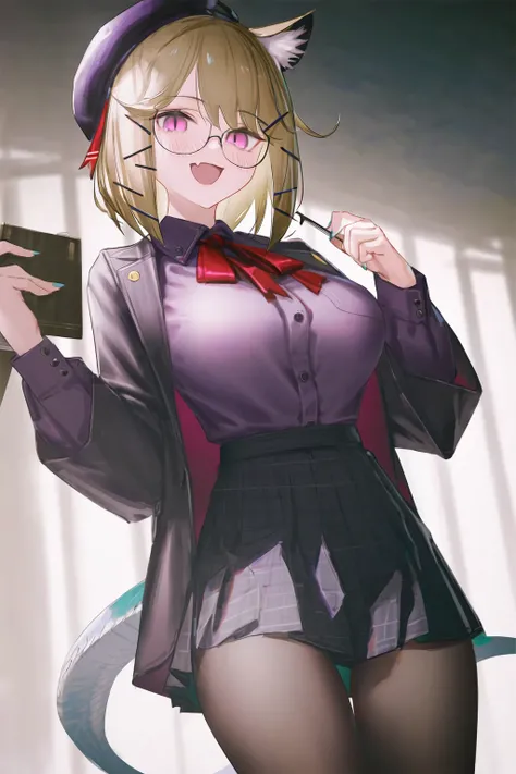 1girl, utage (arknights), utage (disguise) (arknights), arknights, 
reoen, liduke, eboda-x, yuyumu, 
cowboy shot, solo, animal ears, ascot, book, breasts, brown hair, fang, glasses, holding, holding book, long sleeves, looking at viewer, open clothes, pant...